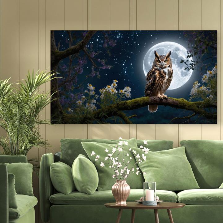 Horned Owl Full Moon Tempered Glass Wall Art, Night Landscape Decor