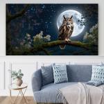 Horned Owl Full Moon Tempered Glass Wall Art, Night Landscape Decor