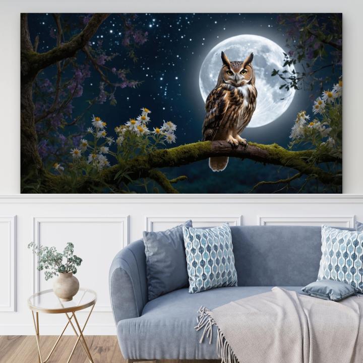 Horned Owl Full Moon Tempered Glass Wall Art, Night Landscape Decor
