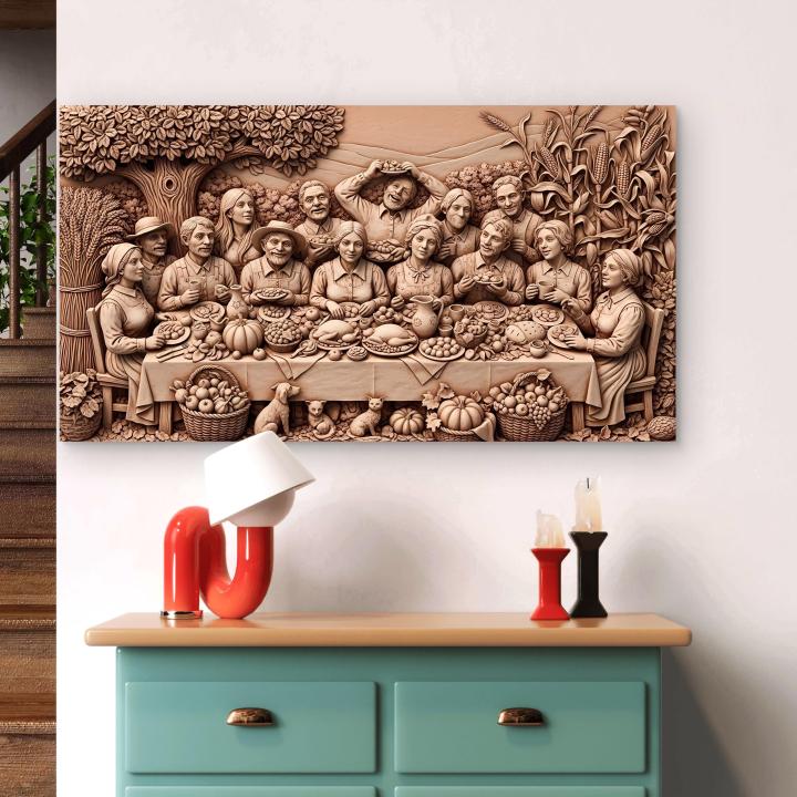 Thanksgiving Family Harvest Glass Wall Art, 3D Wood Carving Illusion Print, Farmhouse Dining Decor