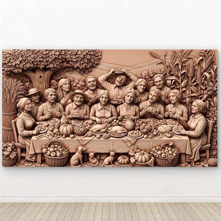 Thanksgiving Family Harvest Glass Wall Art, 3D Wood Carving Illusion Print, Farmhouse Dining Decor