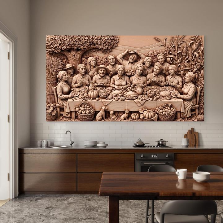 Thanksgiving Family Harvest Glass Wall Art, 3D Wood Carving Illusion Print, Farmhouse Dining Decor