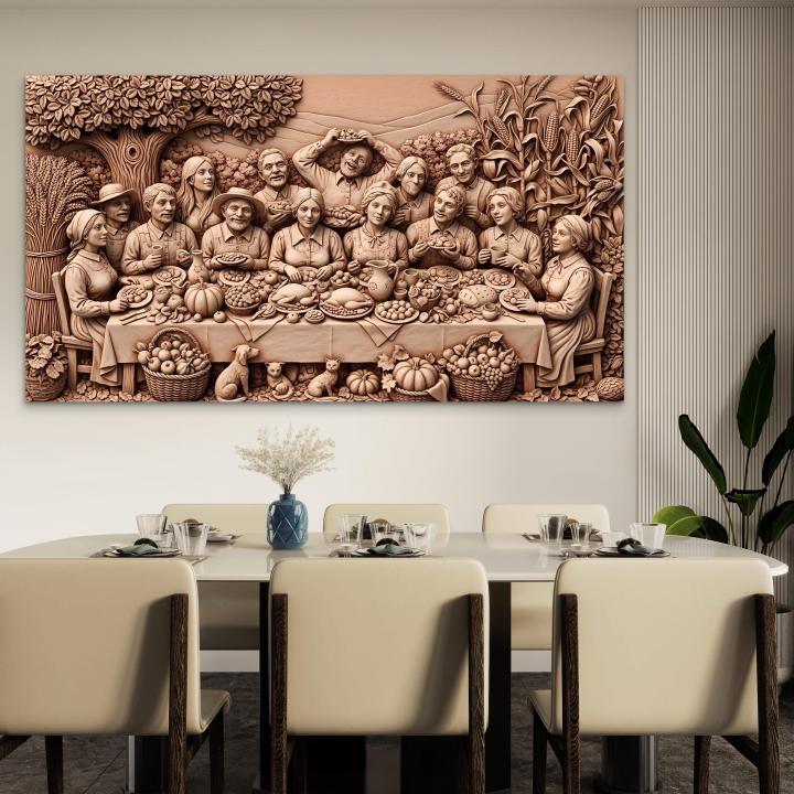 Thanksgiving Family Harvest Glass Wall Art, 3D Wood Carving Illusion Print, Farmhouse Dining Decor