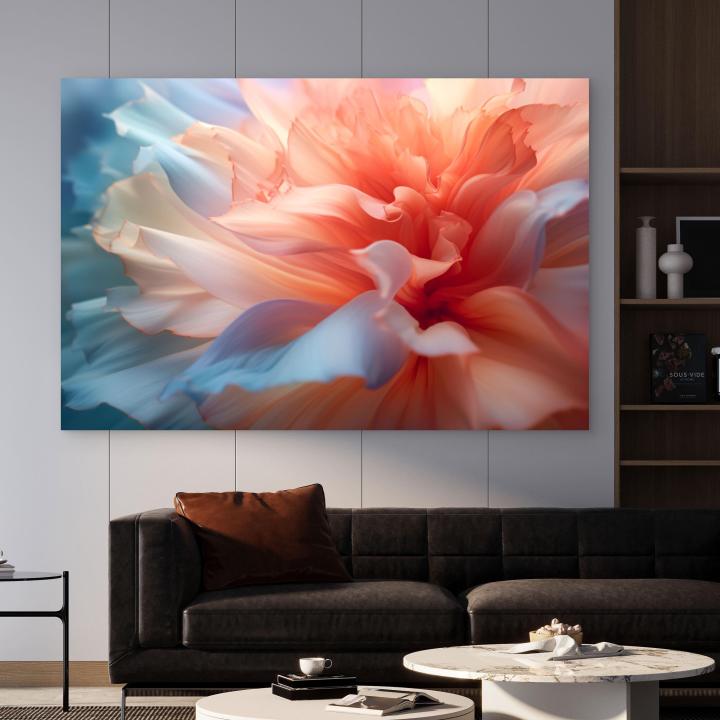 Soft Floral Tempered Glass Wall Art, Peach Blue Macro Petals Decor