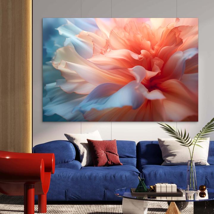 Soft Floral Tempered Glass Wall Art, Peach Blue Macro Petals Decor