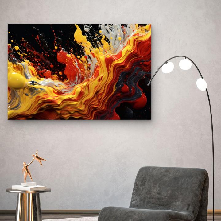 Abstract Fluid Paint Splash Tempered Glass Wall Art, Vibrant Yellow Red Liquid Decor