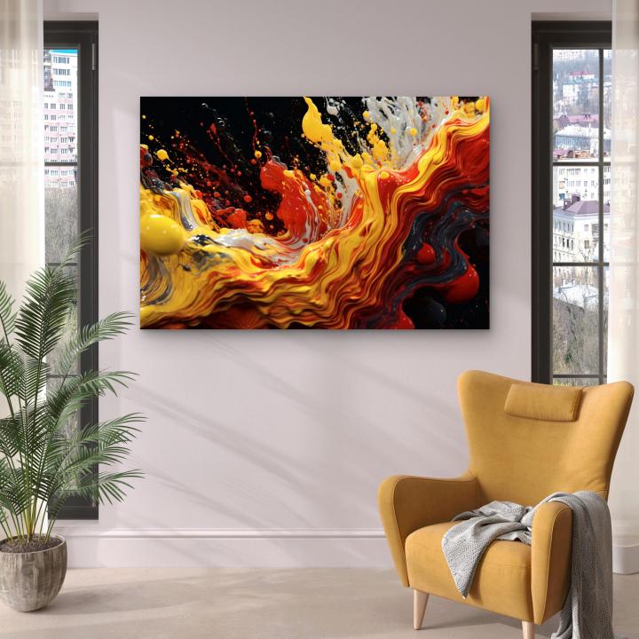 Abstract Fluid Paint Splash Tempered Glass Wall Art, Vibrant Yellow Red Liquid Decor