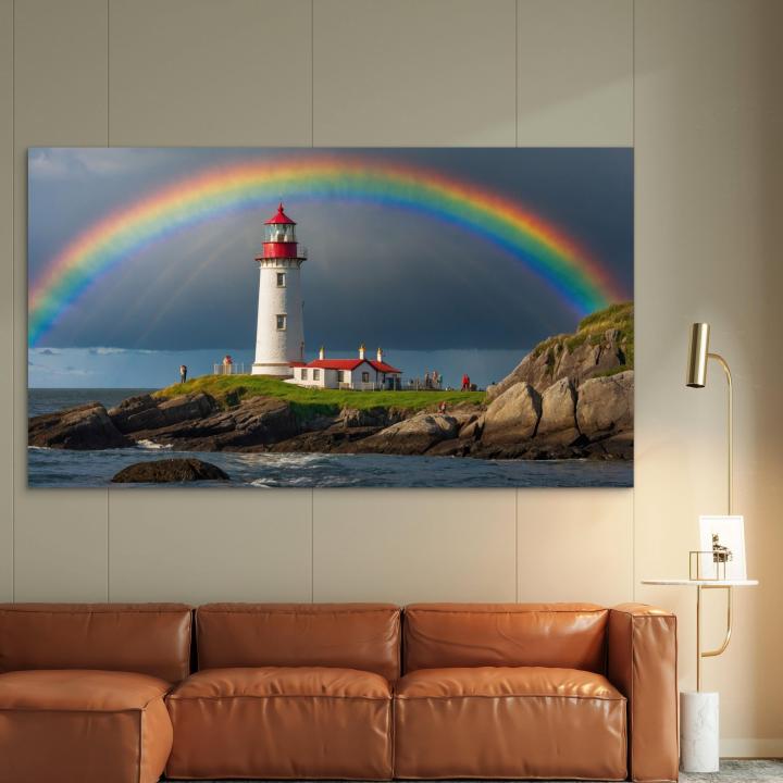 Lighthouse Rainbow Tempered Glass Wall Art, Ocean Coastal Landscape Decor