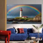 Lighthouse Rainbow Tempered Glass Wall Art, Ocean Coastal Landscape Decor
