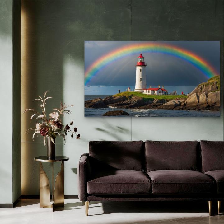 Lighthouse Rainbow Tempered Glass Wall Art, Ocean Coastal Landscape Decor