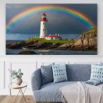 Lighthouse Rainbow Tempered Glass Wall Art, Ocean Coastal Landscape Decor