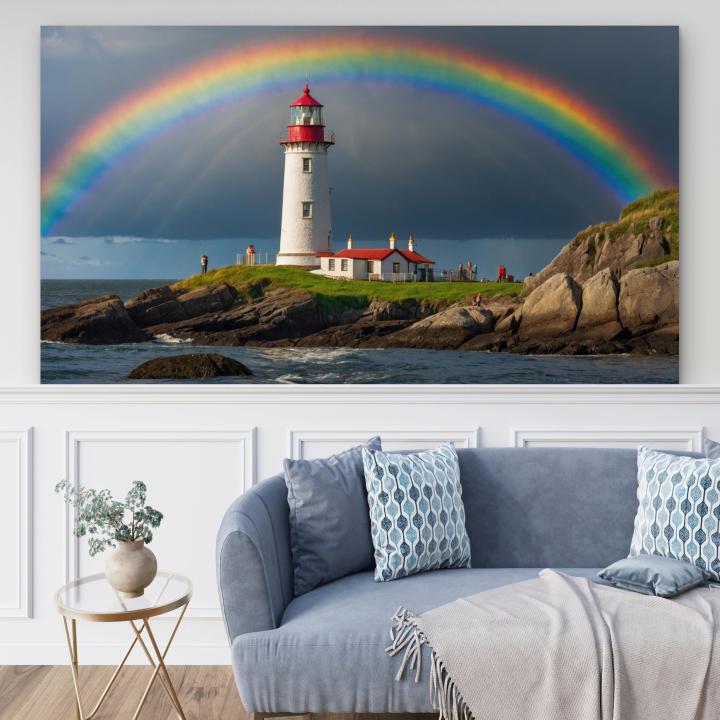 Lighthouse Rainbow Tempered Glass Wall Art, Ocean Coastal Landscape Decor