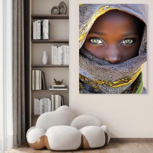 African Girl Portrait Tempered Glass Wall Art, Mesmerizing Green Eyes Decor