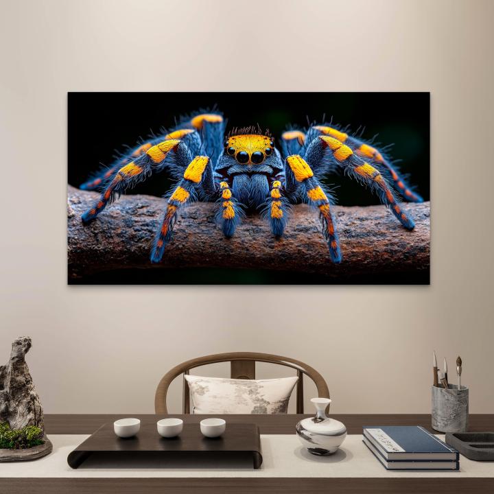 Jumping Spider Tempered Glass Wall Art, Macro Insect Portrait, Blue Orange Fangs