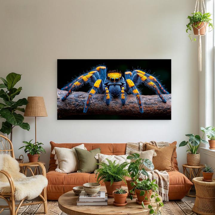 Jumping Spider Tempered Glass Wall Art, Macro Insect Portrait, Blue Orange Fangs