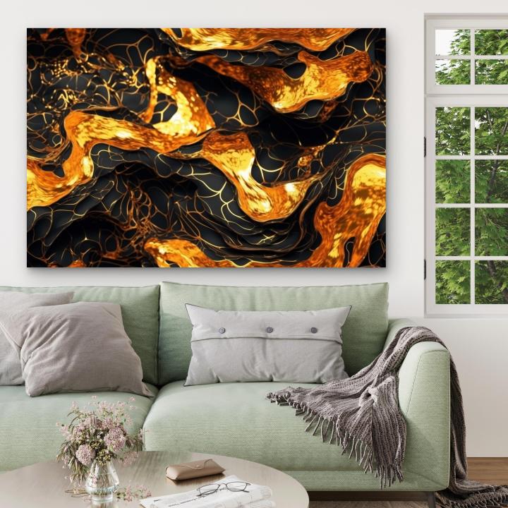 Gold Black Abstract Glass Wall Art, Tempered Printing, Modern Decor