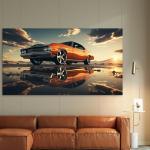 Classic Orange Muscle Car Tempered Glass Wall Art, Retro Sunset Reflection Decor