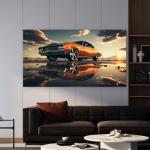 Classic Orange Muscle Car Tempered Glass Wall Art, Retro Sunset Reflection Decor