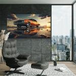 Classic Orange Muscle Car Tempered Glass Wall Art, Retro Sunset Reflection Decor