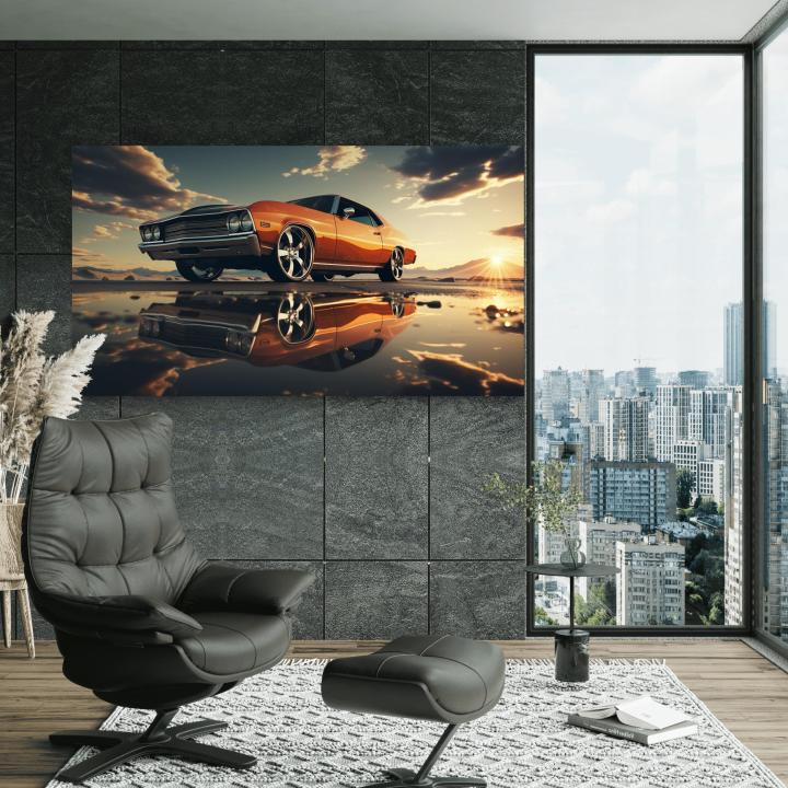 Classic Orange Muscle Car Tempered Glass Wall Art, Retro Sunset Reflection Decor