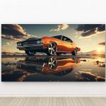 Classic Orange Muscle Car Tempered Glass Wall Art, Retro Sunset Reflection Decor