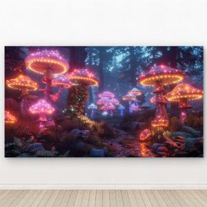 Illuminated Mushroom Forest Tempered Glass Wall Art, Bioluminescent Fairytale Home Decor
