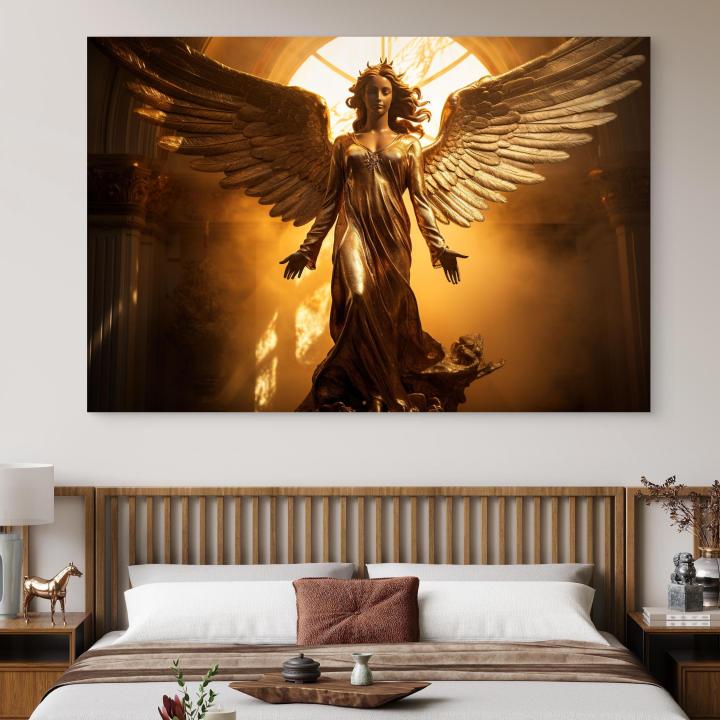 Golden Angel Wings Glass Wall Art, Heavenly Divine Goddess Tempered Glass Print