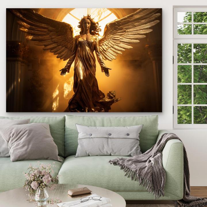 Golden Angel Wings Glass Wall Art, Heavenly Divine Goddess Tempered Glass Print