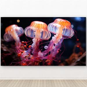 Glowing Jellyfish Glass Wall Art, Vibrant Ocean Life Decor, Tempered Glass Print