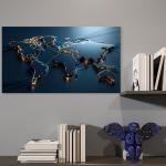 Modern World Map Tempered Glass Wall Art, Blue Gold Futuristic Decor