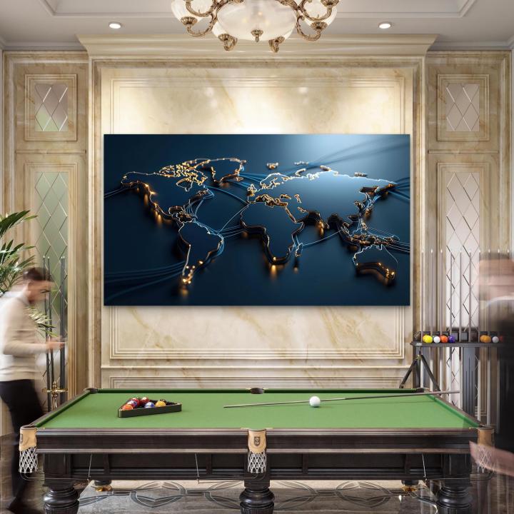Modern World Map Tempered Glass Wall Art, Blue Gold Futuristic Decor