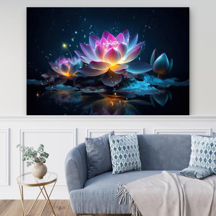 Glowing Lotus Flower Glass Wall Art, Mystic Water Lily Decor, Tempered Glass Printing