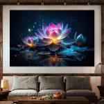 Glowing Lotus Flower Glass Wall Art, Mystic Water Lily Decor, Tempered Glass Printing