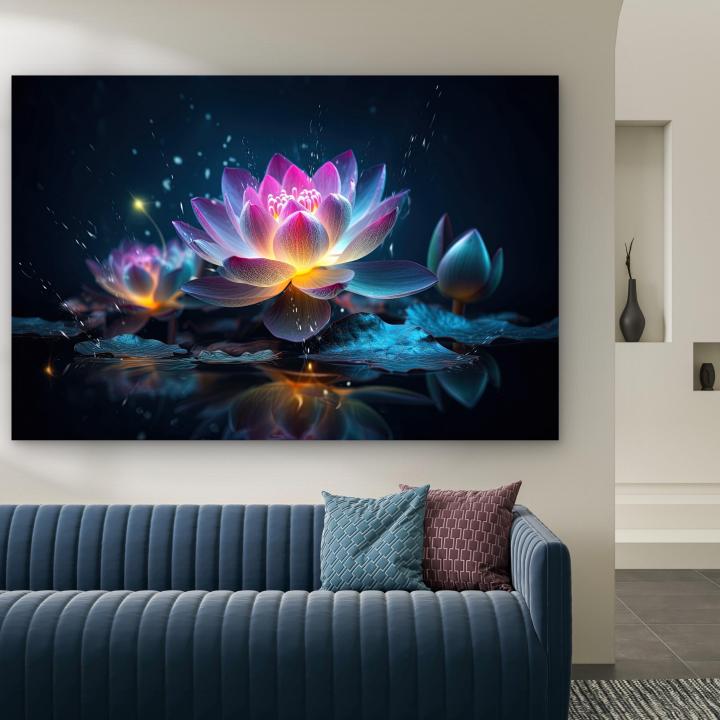 Glowing Lotus Flower Glass Wall Art, Mystic Water Lily Decor, Tempered Glass Printing