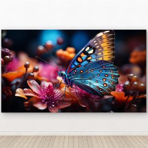 Blue Butterfly Tempered Glass Wall Art, Vibrant Floral Nature Decor