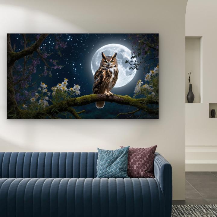 Horned Owl Full Moon Tempered Glass Wall Art, Night Landscape Decor