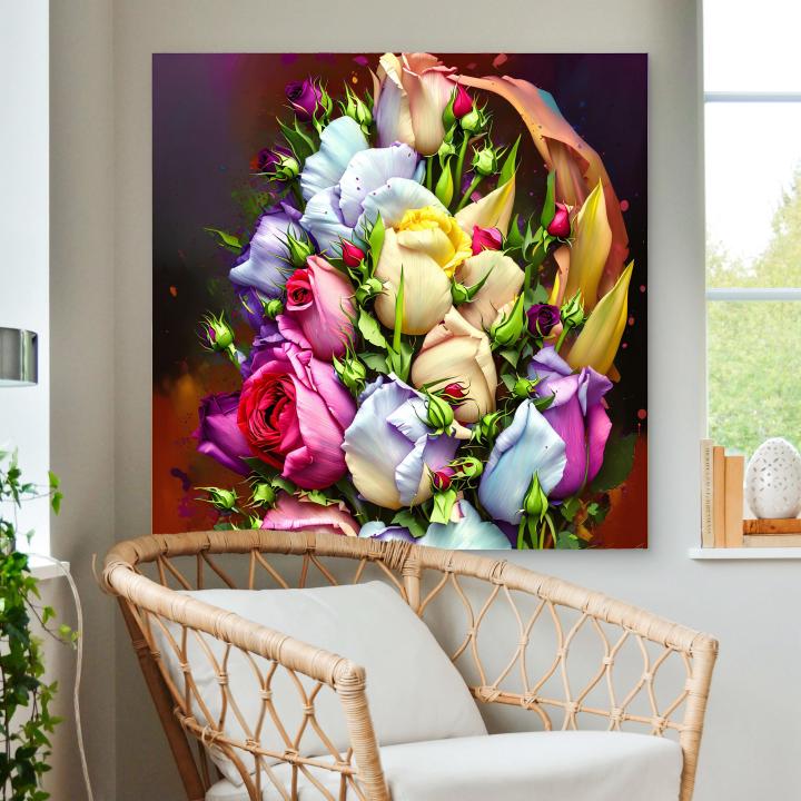 Modern Botanical Wall Art – Tempered Glass Panel Featuring Vibrant Roses & Tulips