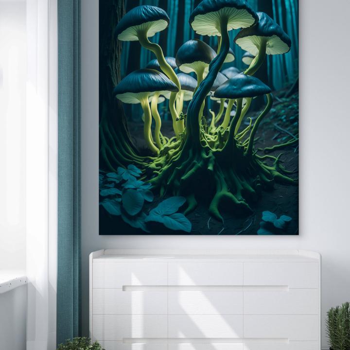 Glowing Mushroom Glass Wall Art, Bioluminescent Forest Decor, Tempered Glass Printing