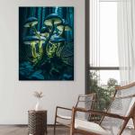 Glowing Mushroom Glass Wall Art, Bioluminescent Forest Decor, Tempered Glass Printing