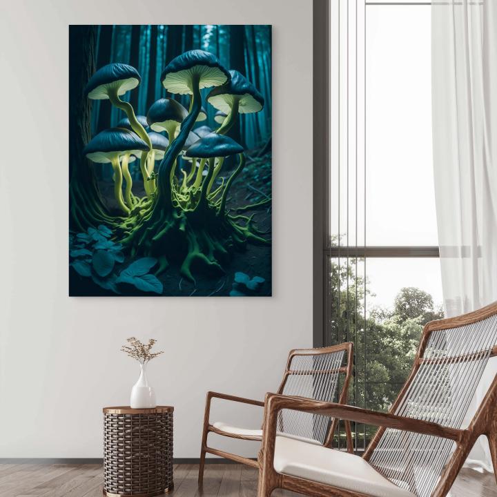 Glowing Mushroom Glass Wall Art, Bioluminescent Forest Decor, Tempered Glass Printing