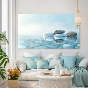 Zen Stones Glass Wall Art, Calm Water Landscape Decor, Tempered Glass Printing
