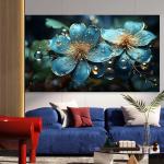 Teal Floral Glass Wall Art, Gold Detail, Turquoise Flower Decor