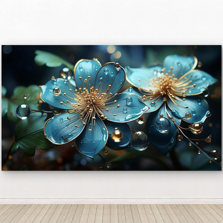 Teal Floral Glass Wall Art, Gold Detail, Turquoise Flower Decor