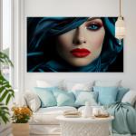 Tempered Glass Wall Art, Dramatic Woman Portrait, Red Lips Teal Silk Print