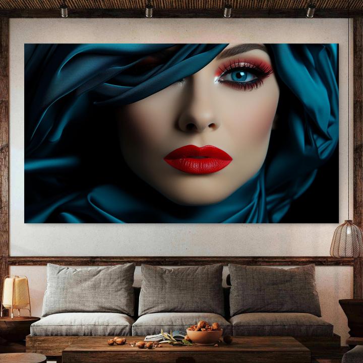 Tempered Glass Wall Art, Dramatic Woman Portrait, Red Lips Teal Silk Print