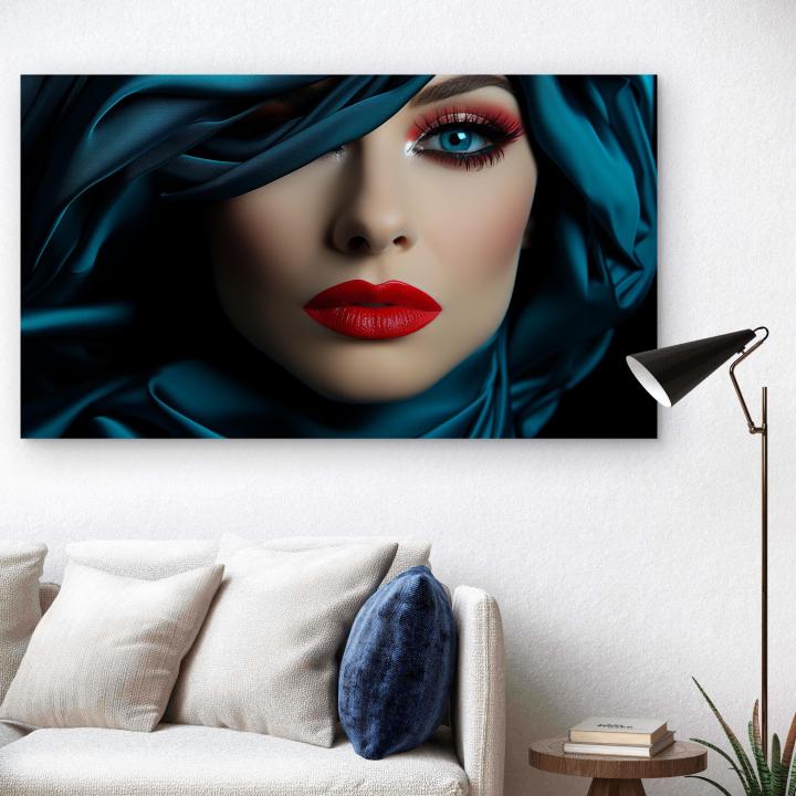 Tempered Glass Wall Art, Dramatic Woman Portrait, Red Lips Teal Silk Print