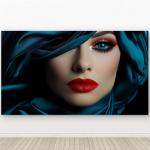 Tempered Glass Wall Art, Dramatic Woman Portrait, Red Lips Teal Silk Print