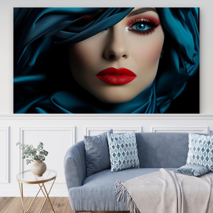 Tempered Glass Wall Art, Dramatic Woman Portrait, Red Lips Teal Silk Print