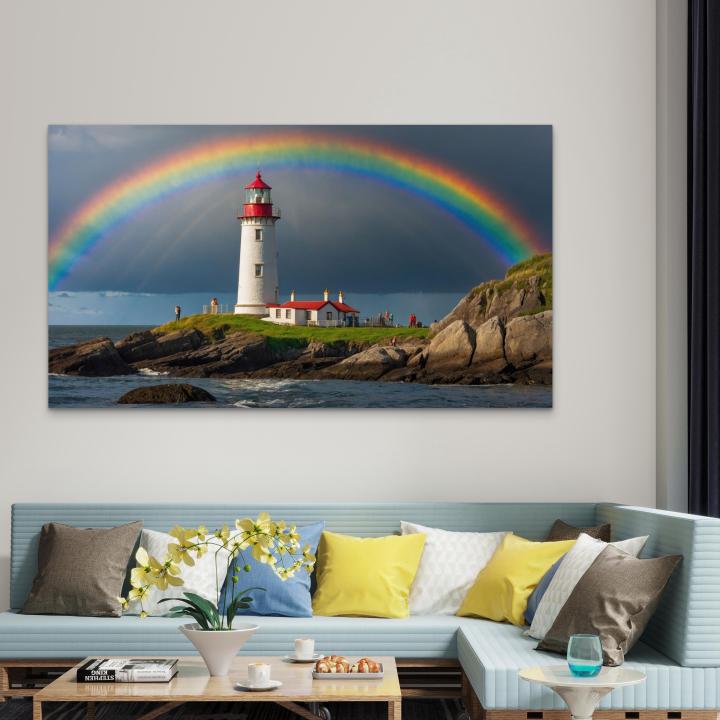Lighthouse Rainbow Tempered Glass Wall Art, Ocean Coastal Landscape Decor