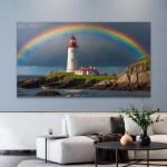 Lighthouse Rainbow Tempered Glass Wall Art, Ocean Coastal Landscape Decor